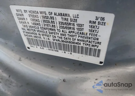 2006 Honda Odyssey Ex z USA, uszkodzony, nr VIN 5FNRL38426B080404